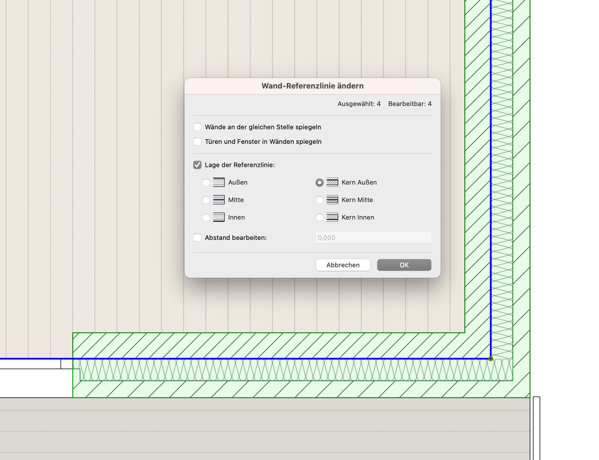 Archicad-Screenshot: Wand-Referenzlinie ändern